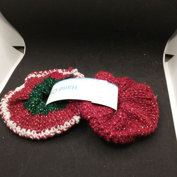Hand Crafted Knit Scrunchies Green Red Jumbo Hair Band Accessory Set of 2 - Picture 2 of 4